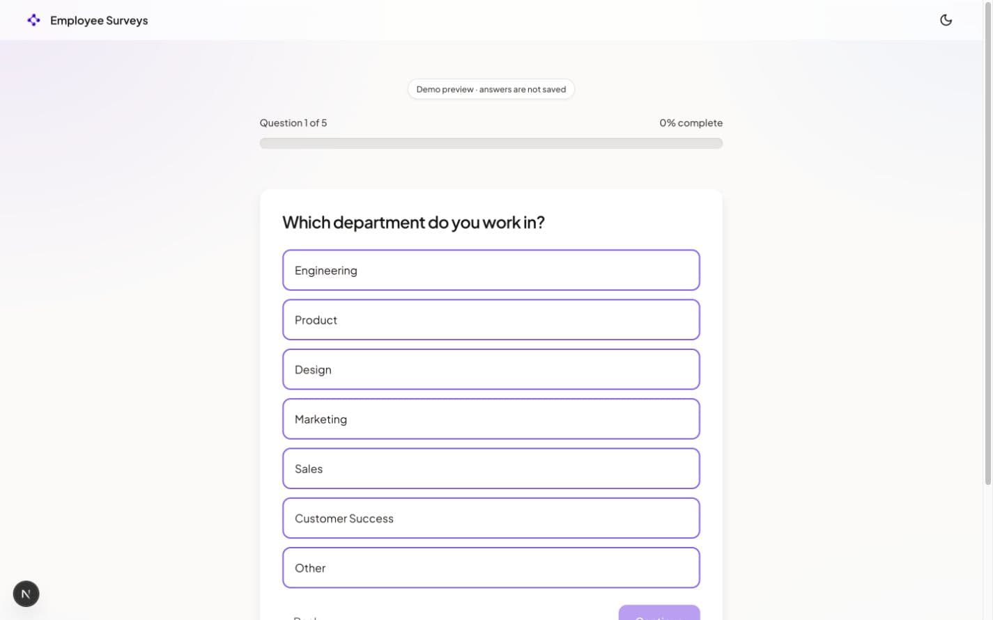 Employee survey question shown on desktop